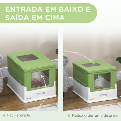 PawHut Caixa de Areia para Gatos Dobrável Caixa de Areia para Gatos Fechada com Cobertura Desmontável Bandeja Removível Teto Rebatível Porta de Entrada e Pá 47,5x35,5x36,7cm Verde Claro