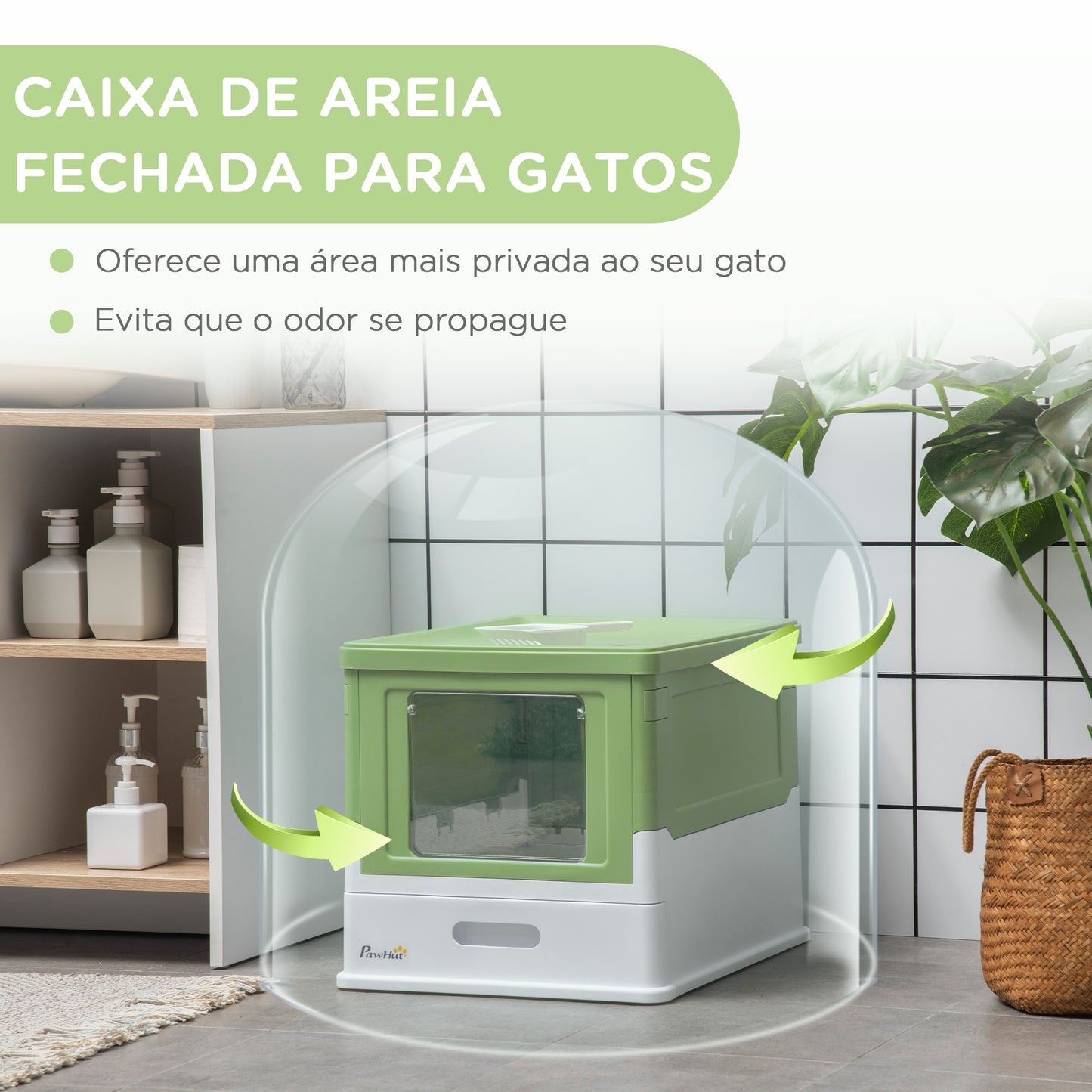 PawHut Caixa de Areia para Gatos Dobrável Caixa de Areia para Gatos Fechada com Cobertura Desmontável Bandeja Removível Teto Rebatível Porta de Entrada e Pá 47,5x35,5x36,7cm Verde Claro