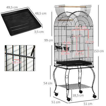 PawHut Gaiola para Pássaros com Suporte e Rodas Gaiola Grande de Metal com Bandeja Amovível e 2 Tigelas para Papagaios Piriquito 51x51x153 cm Preto