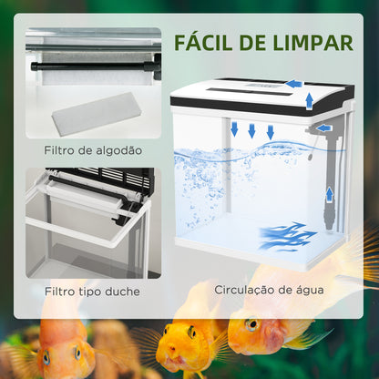 PawHut Aquário de Cristal de 28L Aquário Pequeno com Sistema de Filtração Iluminação LED e Bomba de Água 38x26x39,5 cm Branco