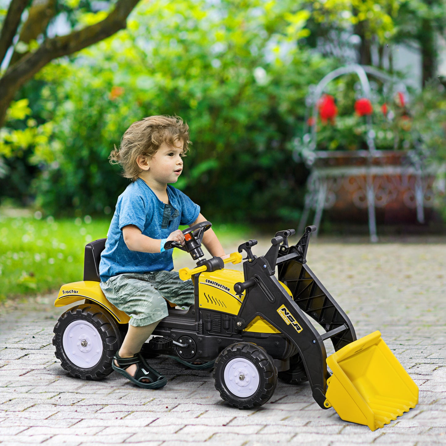 HOMCOM Trator a Pedal para Crianças acima de 3 Anos Trator Escavadora Infantil com Pá Dianteira Veículo a Pedais Carga Máxima 35 kg 114x41x52 cm Amarelo e Preto