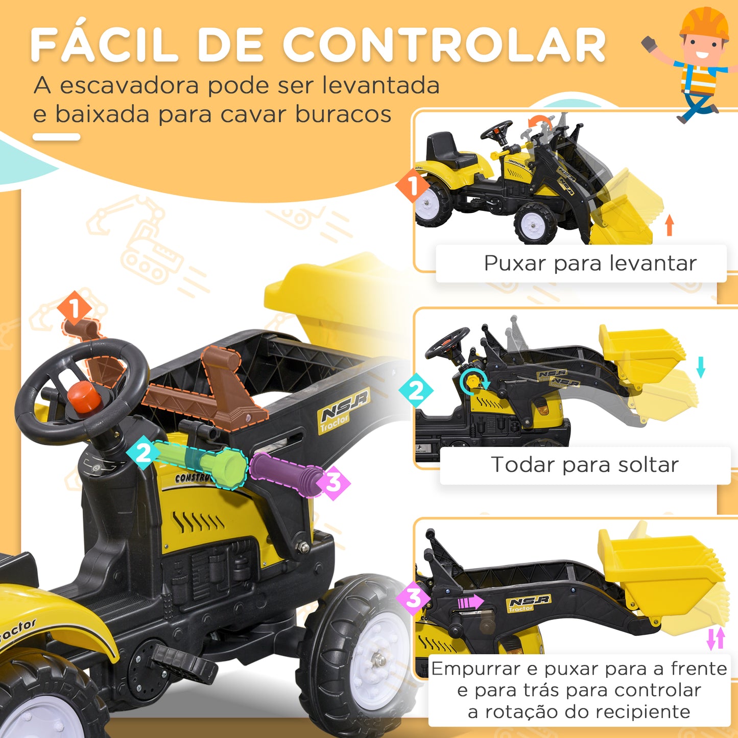 HOMCOM Trator a Pedal para Crianças acima de 3 Anos Trator Escavadora Infantil com Pá Dianteira Veículo a Pedais Carga Máxima 35 kg 114x41x52 cm Amarelo e Preto