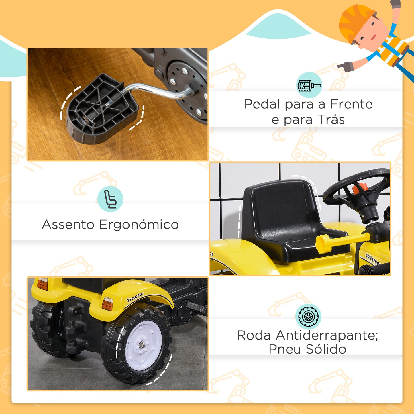 HOMCOM Trator a Pedal para Crianças acima de 3 Anos Trator Escavadora Infantil com Pá Dianteira Veículo a Pedais Carga Máxima 35 kg 114x41x52 cm Amarelo e Preto