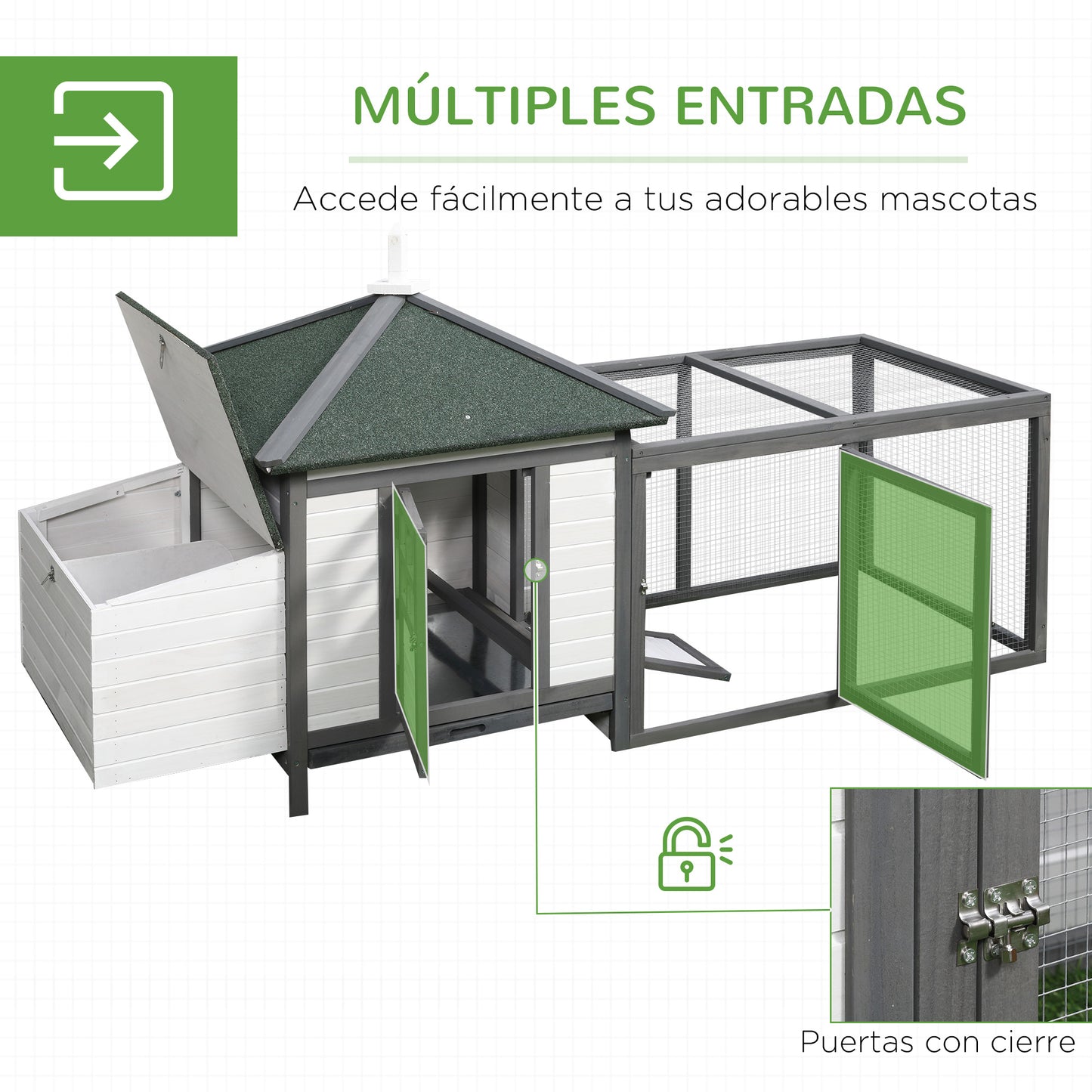 PawHut Galinheiro de Madeira de Abeto para Galinhas Exterior com Caixa Ninho Bandeja Removível e Espaço para Correr 196x76x97 cm Cinza