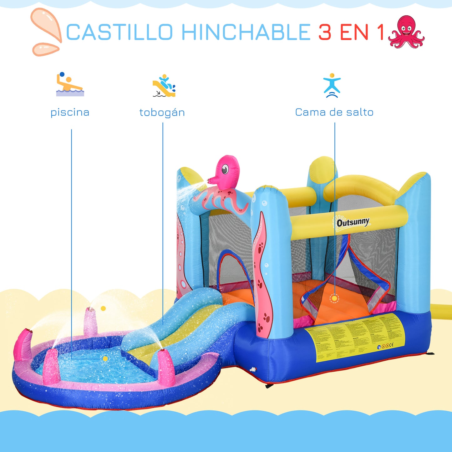 Outsunny Castelo Insuflável com Escorrega Trampolim e Piscina para Crianças acima de 3 Anos Inclui Insuflador e Bolsa de Transporte para Interior e Exterior 360x175x180cm Multicor