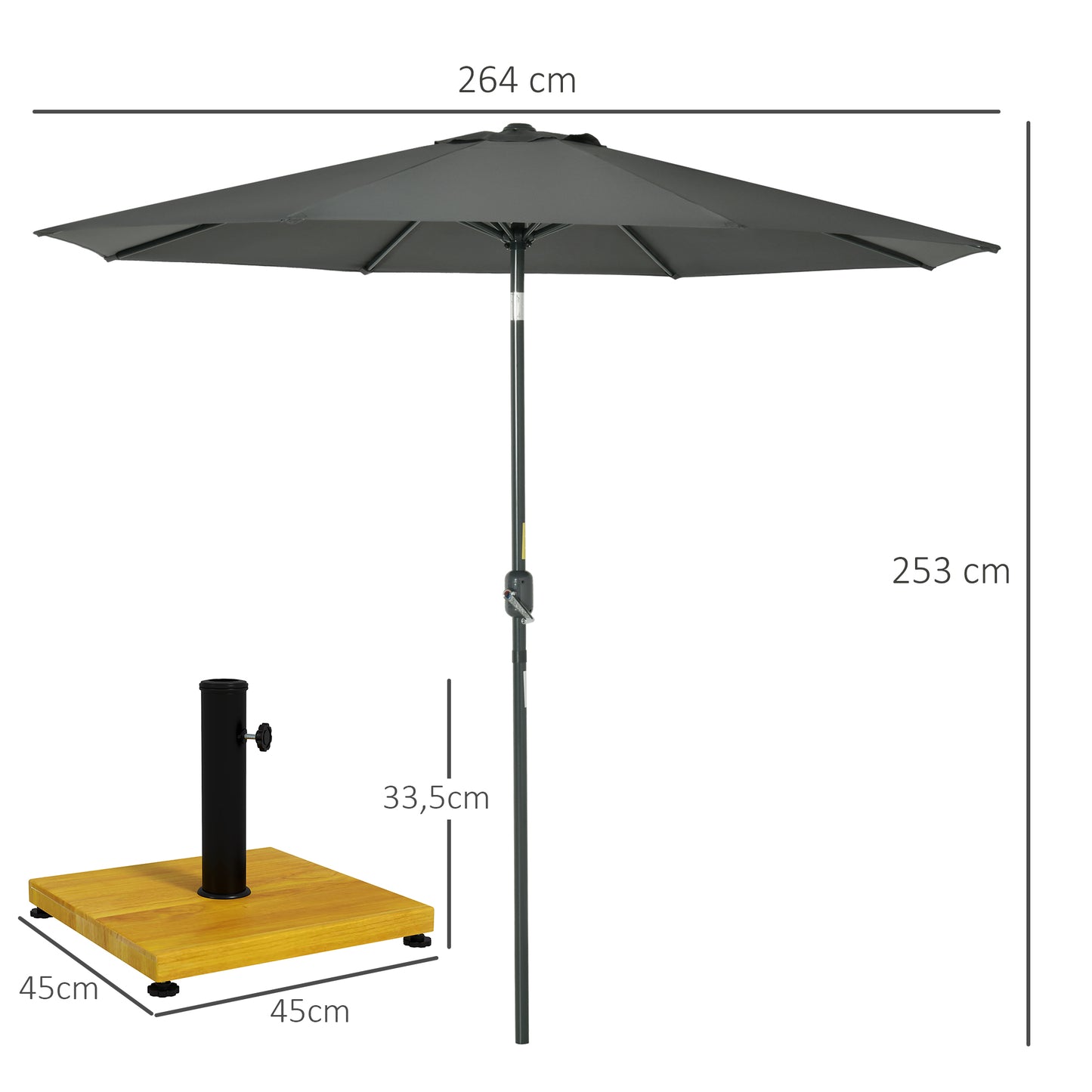 Outsunny Conjunto de Chapéu de Sol Inclui 1 Chapéu de Sol de Jardim de Alumínio Ø264x253 cm e 1 Base Quadrada com Enchimento de Cimento Peso 25 kg Cinza e Natural