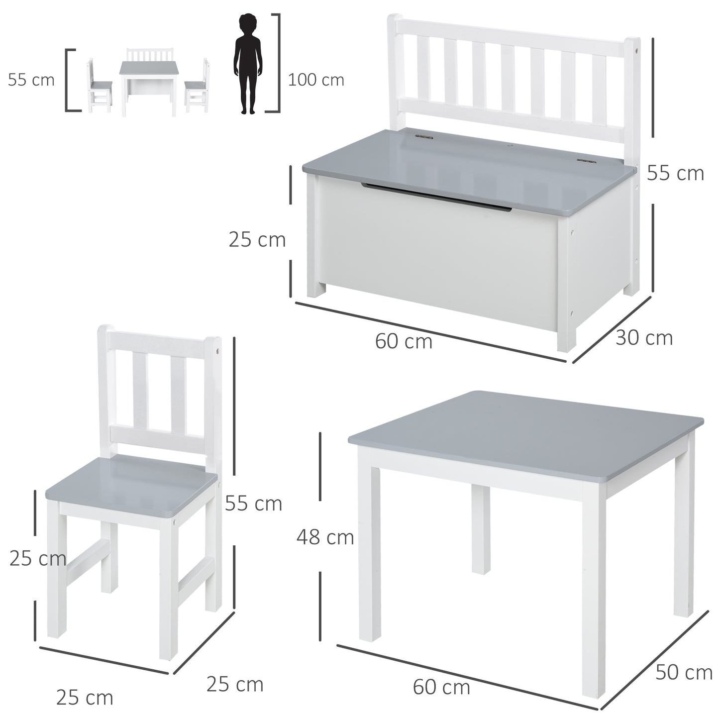 HOMCOM Conjunto Infantil de Mesa 2 Cadeiras e Banco com Armazenamento Móveis Infantil para Sala de Jogos Dormitório Branco e Cinza