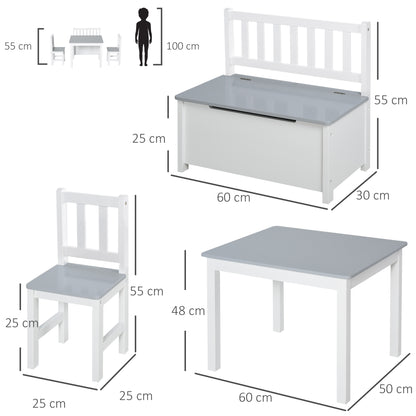 HOMCOM Conjunto Infantil de Mesa 2 Cadeiras e Banco com Armazenamento Móveis Infantil para Sala de Jogos Dormitório Branco e Cinza