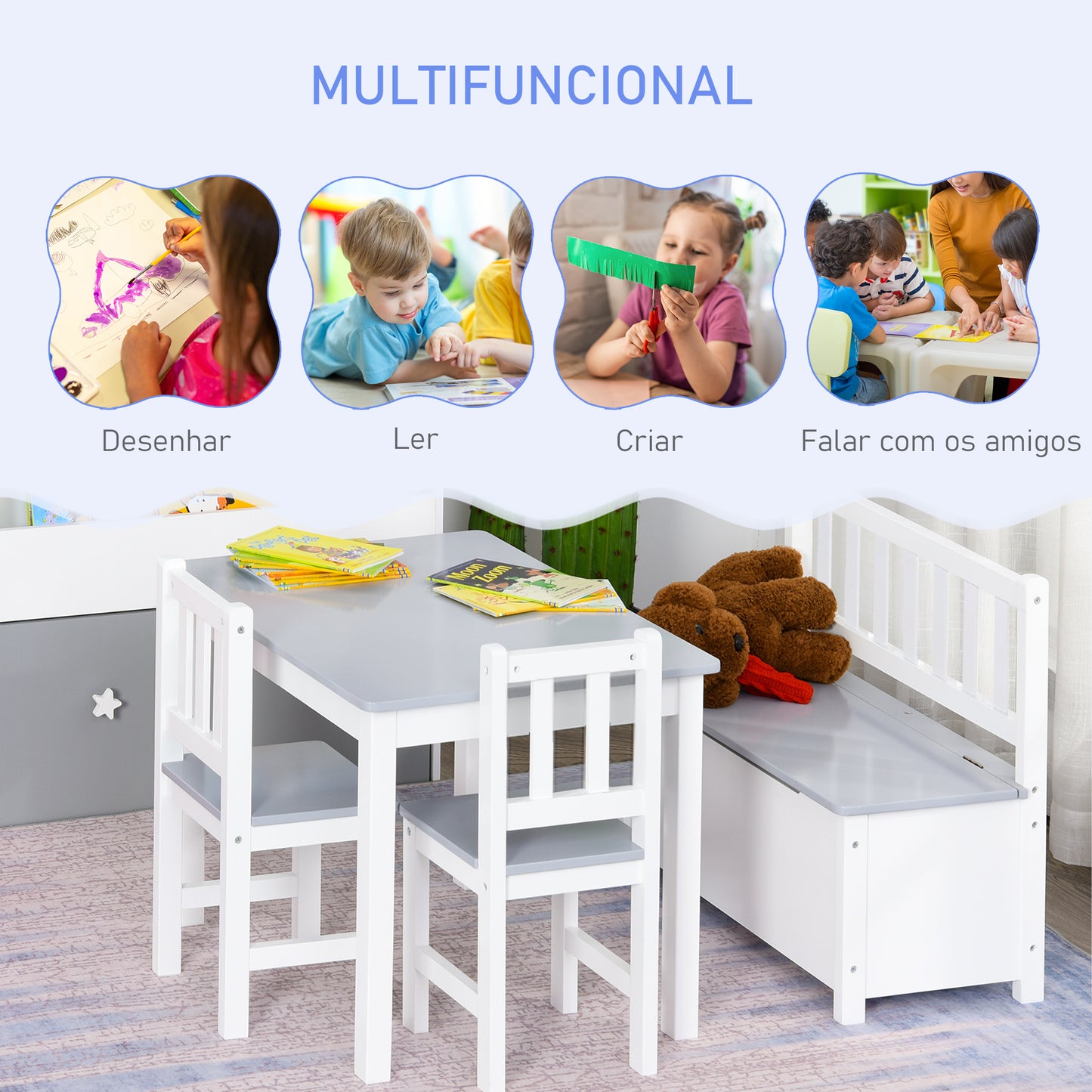 HOMCOM Conjunto Infantil de Mesa 2 Cadeiras e Banco com Armazenamento Móveis Infantil para Sala de Jogos Dormitório Branco e Cinza