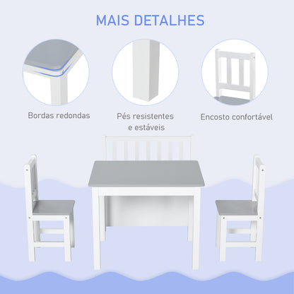 HOMCOM Conjunto Infantil de Mesa 2 Cadeiras e Banco com Armazenamento Móveis Infantil para Sala de Jogos Dormitório Branco e Cinza