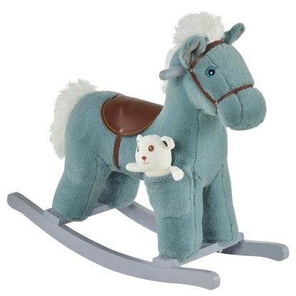 HOMCOM Cavalo Baloiço para Crianças de 18-36 Meses Cavalo de Balançar com Ursinho de Pelúcia Sons de Relinchos e Galopes base de Madeira 65x26x55cm Azul