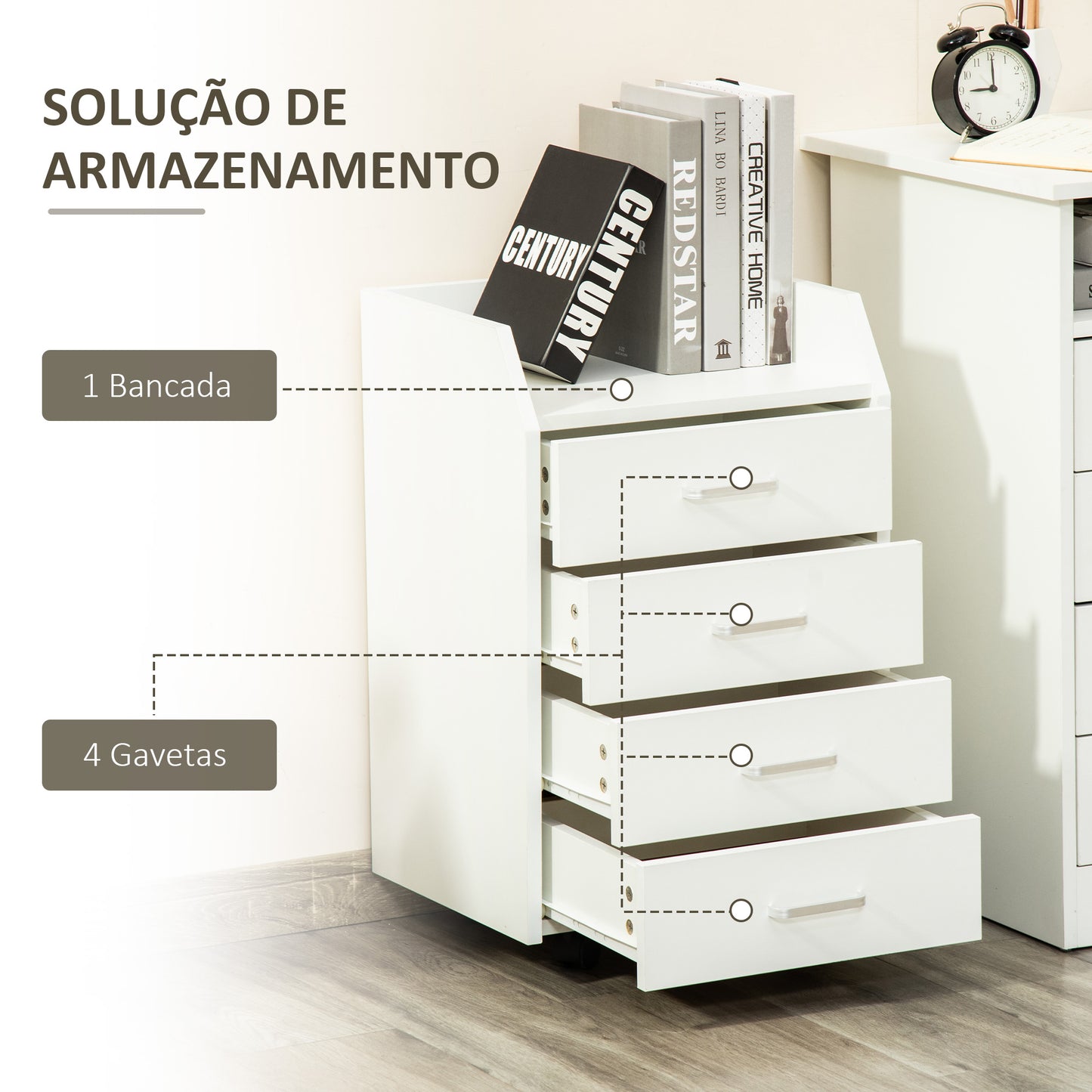 Vinsetto Bloco de Gavetas Móvel Auxiliar com 4 Gavetas Bancada Superior de Armazenamento 4 Rodas e 2 Freios para Estúdio Escritório 40x36x65cm Branco