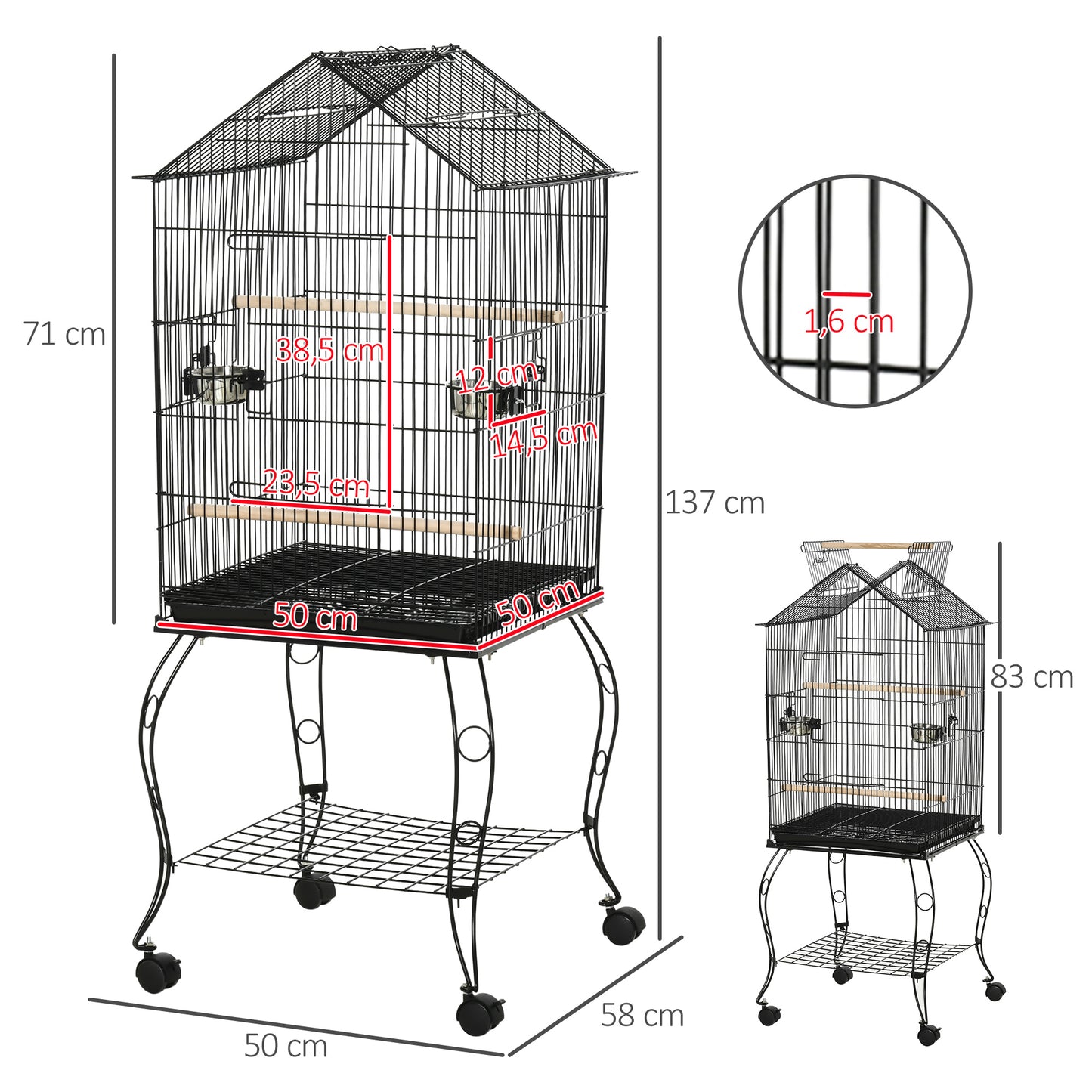 PawHut Gaiola para Pássaros com Suporte Rodas Bandeja Amovível 2 Comedouros e Prateleira Inferior de Metal para Canários Periquitos Tentilhões 50x58x145 cm Preto