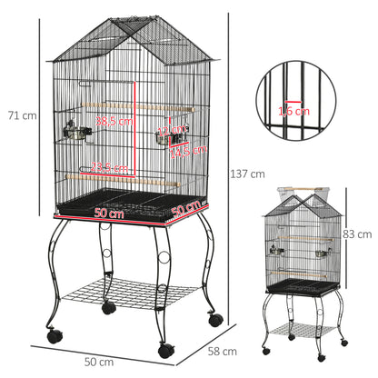 PawHut Gaiola para Pássaros com Suporte Rodas Bandeja Amovível 2 Comedouros e Prateleira Inferior de Metal para Canários Periquitos Tentilhões 50x58x145 cm Preto