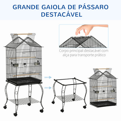 PawHut Gaiola para Pássaros com Suporte Rodas Bandeja Amovível 2 Comedouros e Prateleira Inferior de Metal para Canários Periquitos Tentilhões 50x58x145 cm Preto