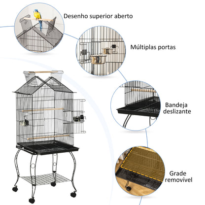 PawHut Gaiola para Pássaros com Suporte Rodas Bandeja Amovível 2 Comedouros e Prateleira Inferior de Metal para Canários Periquitos Tentilhões 50x58x145 cm Preto