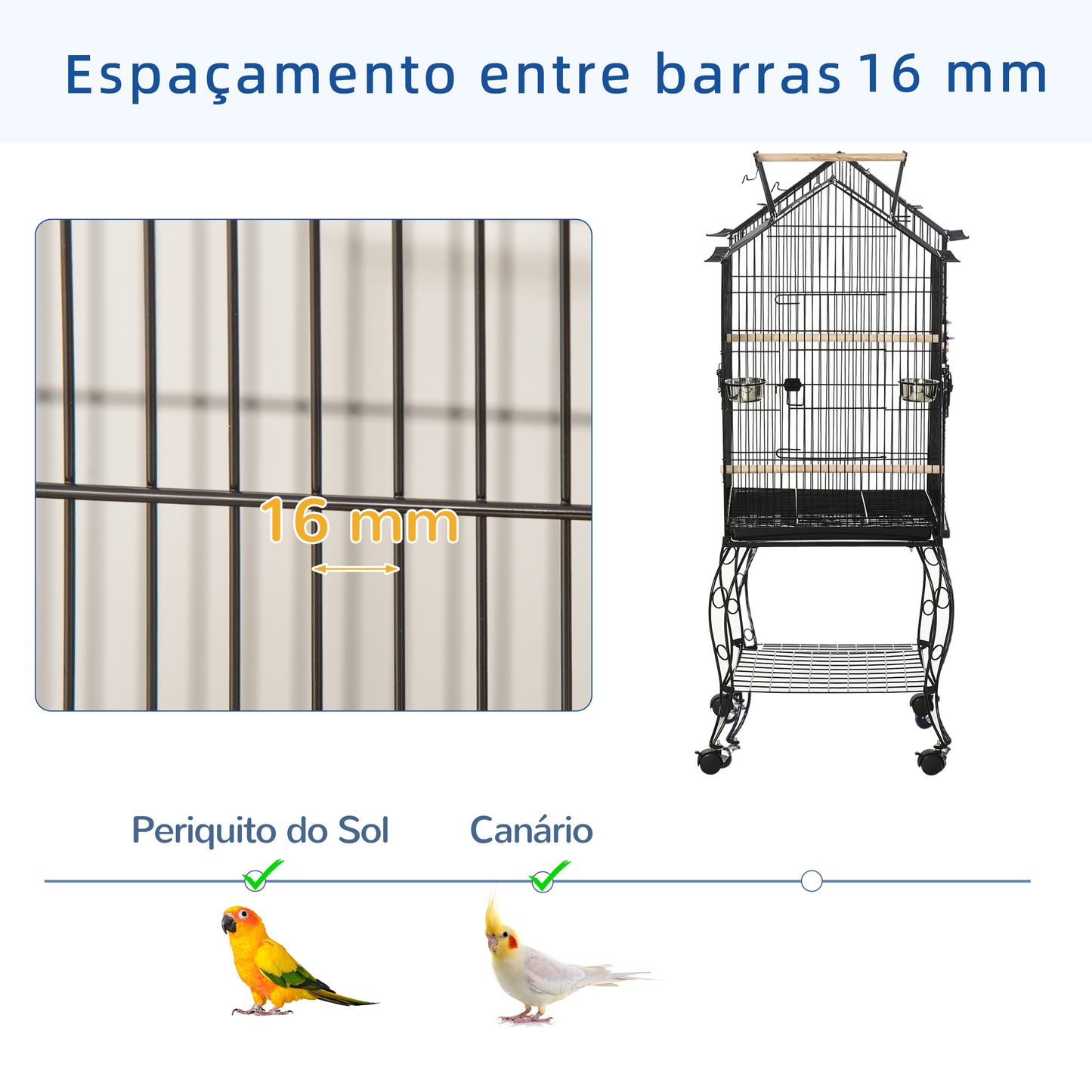 PawHut Gaiola para Pássaros com Suporte Rodas Bandeja Amovível 2 Comedouros e Prateleira Inferior de Metal para Canários Periquitos Tentilhões 50x58x145 cm Preto