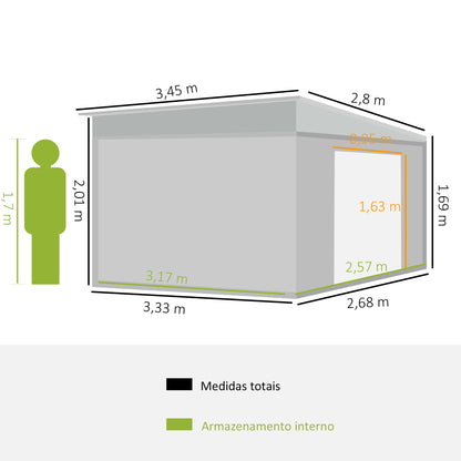 Outsunny Abrigo de Jardim 280x345x201 cm 8,9 m² Abrigo de Exterior de Aço para Armazenamento de Ferramentas com Portas e 2 Janelas Cinza