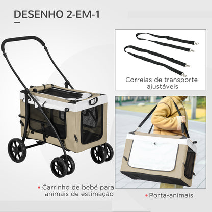 PawHut Carrinho para Animais de Estimação Carrinho para Cães Dobrável com Compartimento Desmontável 4 Portas com Fecho de Correr 2 Correias de Segurança e de Transporte 81x58x97,5 cm Cáqui