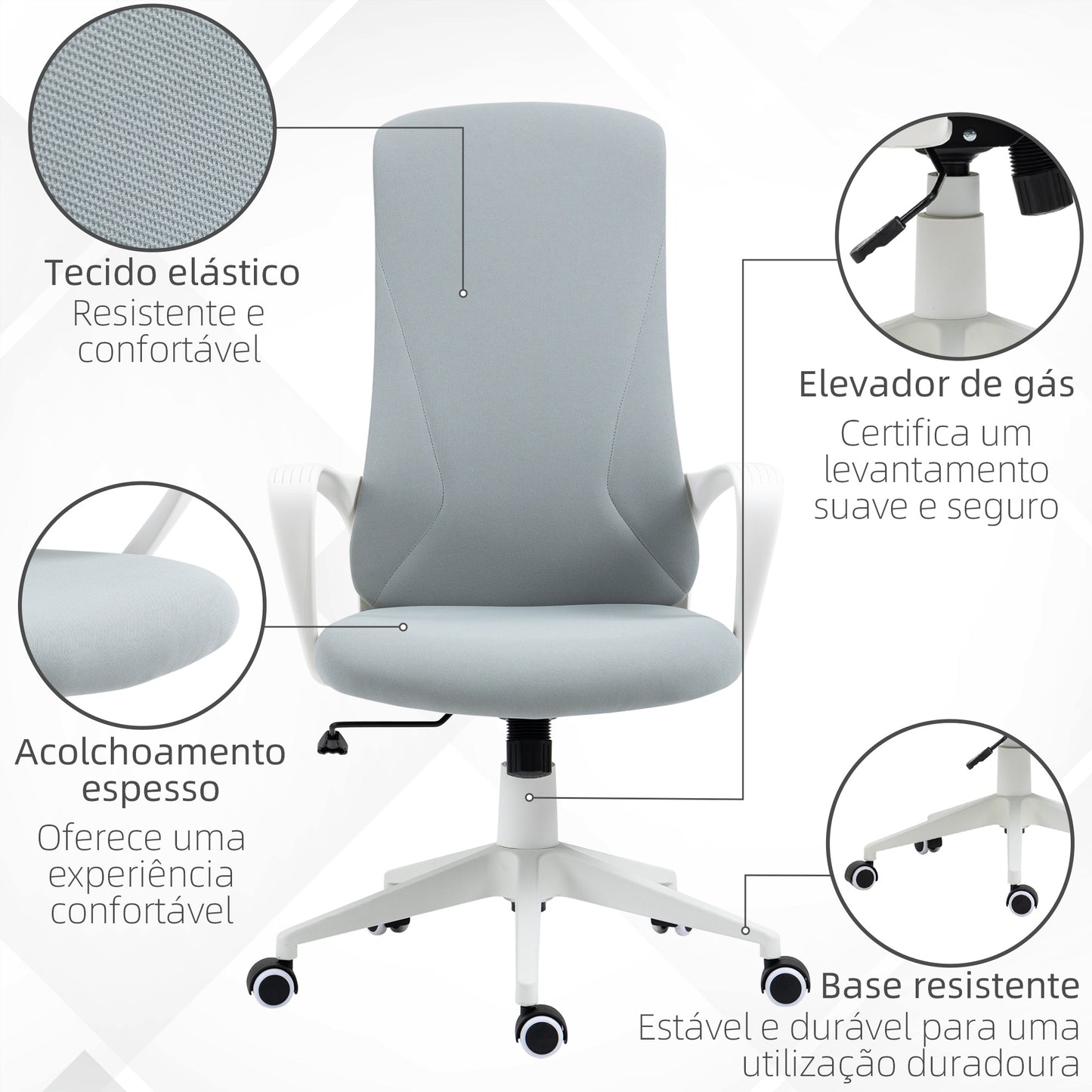 Vinsetto Cadeira de Escritório Giratória com Altura Ajustável Cadeira de Escritório Ergonómica com Apoio para os Braços Função de Inclinação e Encosto Alto para Sala de Estar Dormitório 62x56x110-119,5 cm Cinza