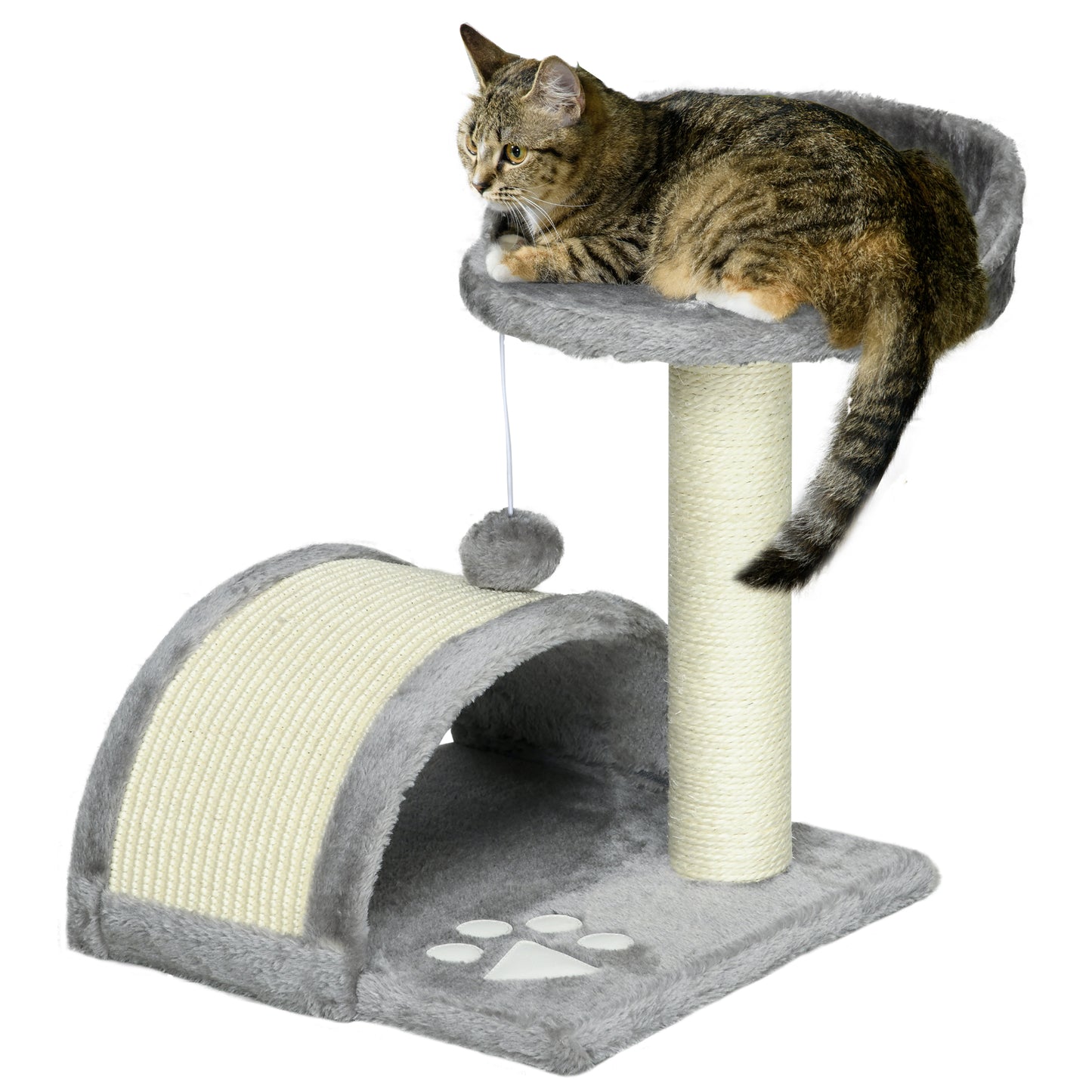 PawHut Arranhador para Gatos Pequena Altura 46 cm de 2 Níveis com Poste e Tapete de Arranhar Cama e Bola Suspensa 35,5x37x46 cm Cinza