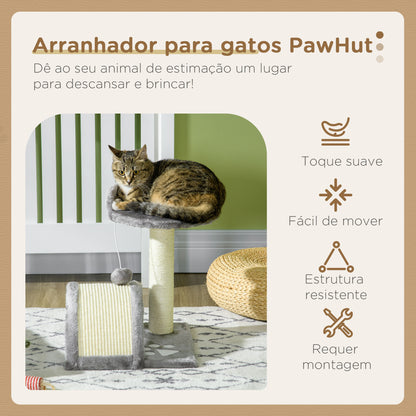 PawHut Arranhador para Gatos Pequena Altura 46 cm de 2 Níveis com Poste e Tapete de Arranhar Cama e Bola Suspensa 35,5x37x46 cm Cinza