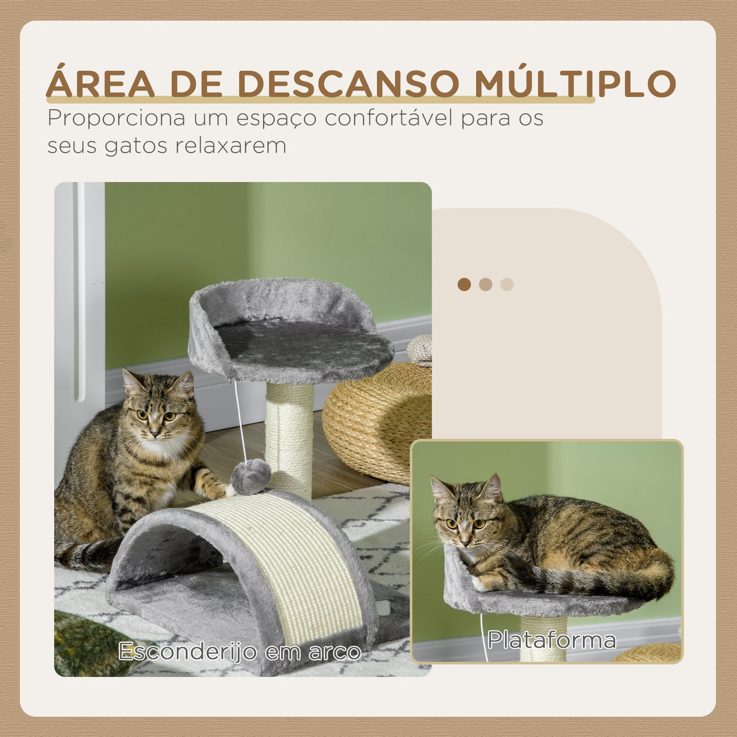 PawHut Arranhador para Gatos Pequena Altura 46 cm de 2 Níveis com Poste e Tapete de Arranhar Cama e Bola Suspensa 35,5x37x46 cm Cinza