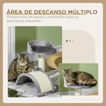 PawHut Arranhador para Gatos Pequena Altura 46 cm de 2 Níveis com Poste e Tapete de Arranhar Cama e Bola Suspensa 35,5x37x46 cm Cinza