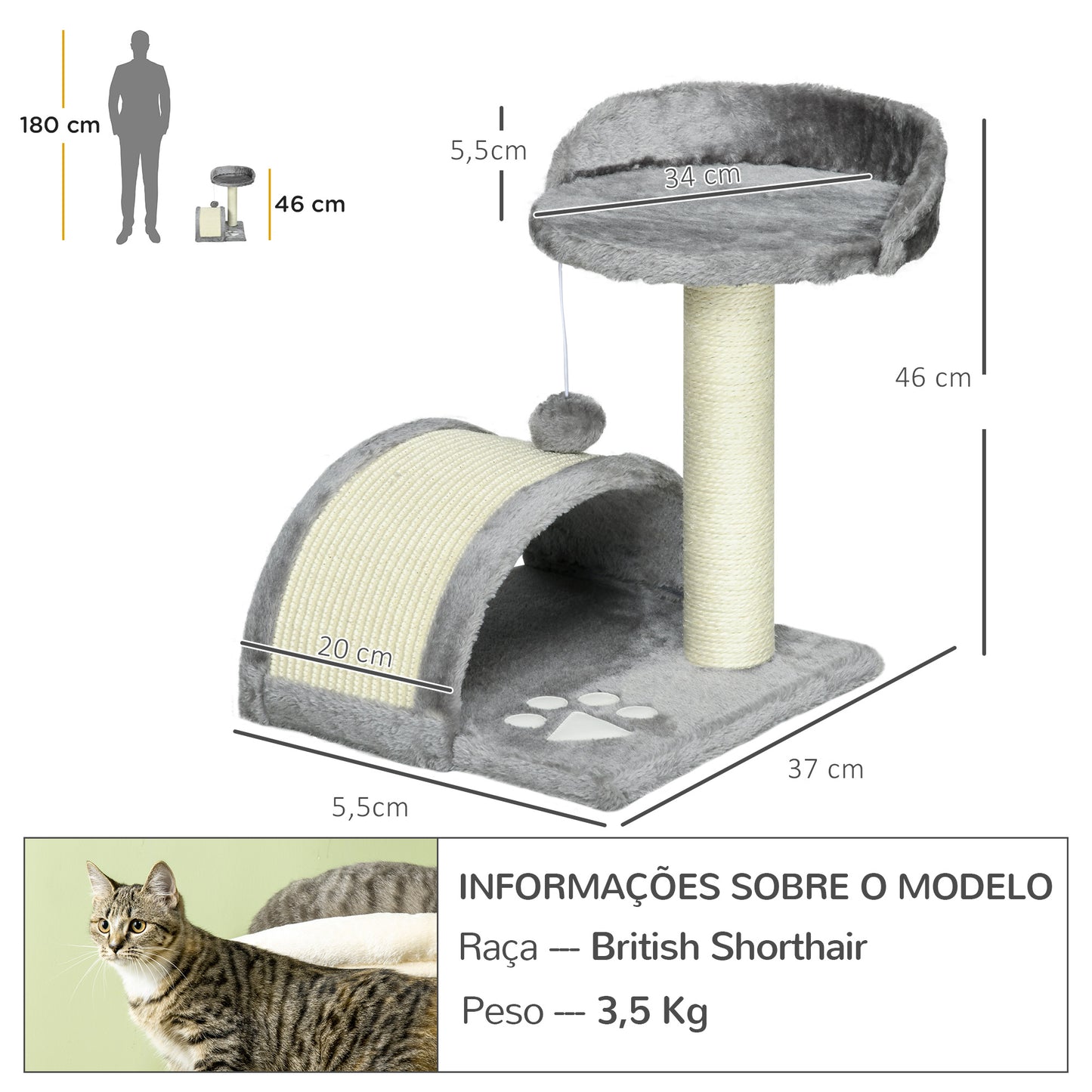 PawHut Arranhador para Gatos Pequena Altura 46 cm de 2 Níveis com Poste e Tapete de Arranhar Cama e Bola Suspensa 35,5x37x46 cm Cinza