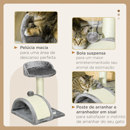 PawHut Arranhador para Gatos Pequena Altura 46 cm de 2 Níveis com Poste e Tapete de Arranhar Cama e Bola Suspensa 35,5x37x46 cm Cinza