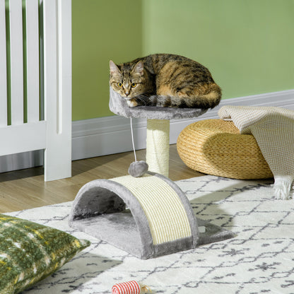 PawHut Arranhador para Gatos Pequena Altura 46 cm de 2 Níveis com Poste e Tapete de Arranhar Cama e Bola Suspensa 35,5x37x46 cm Cinza