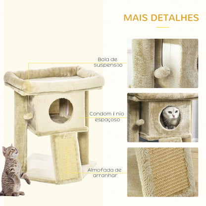 PawHut Árvore Arranhador para Gatos Pequenos Altura 57 cm Arranhador para Gatos com Poste de Juta Rampa Caverna e Bola Suspensa 40x40x57 cm Areia