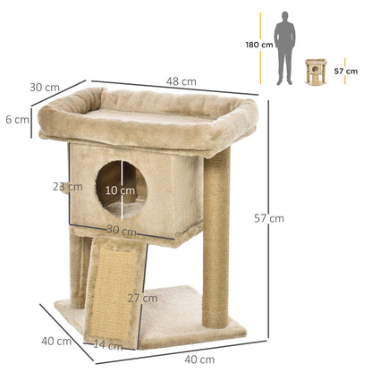 PawHut Árvore Arranhador para Gatos Pequenos Altura 57 cm Arranhador para Gatos com Poste de Juta Rampa Caverna e Bola Suspensa 40x40x57 cm Areia