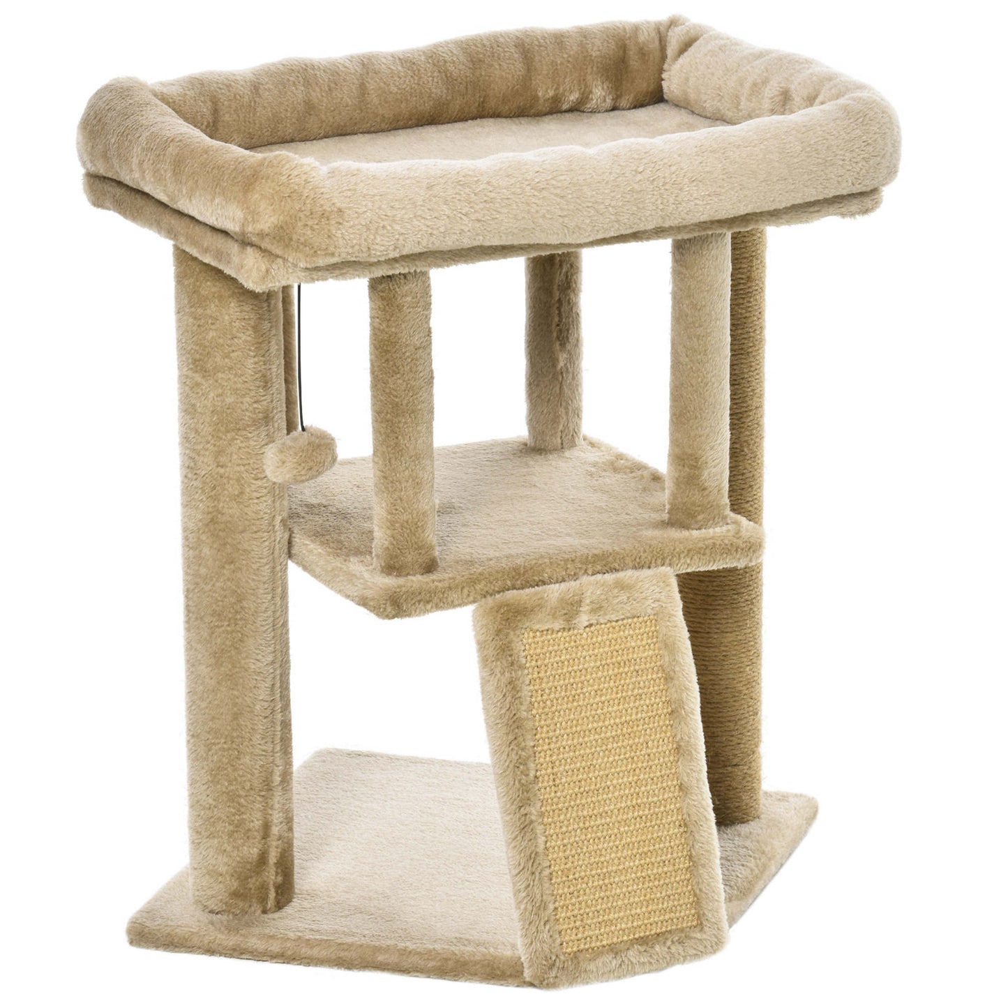 PawHut Árvore Arranhador para Gatos Pequenos Altura 57 cm Arranhador para Gatos com Poste de Juta Rampa Caverna e Bola Suspensa 40x40x57 cm Areia