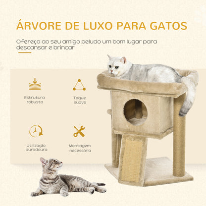 PawHut Árvore Arranhador para Gatos Pequenos Altura 57 cm Arranhador para Gatos com Poste de Juta Rampa Caverna e Bola Suspensa 40x40x57 cm Areia