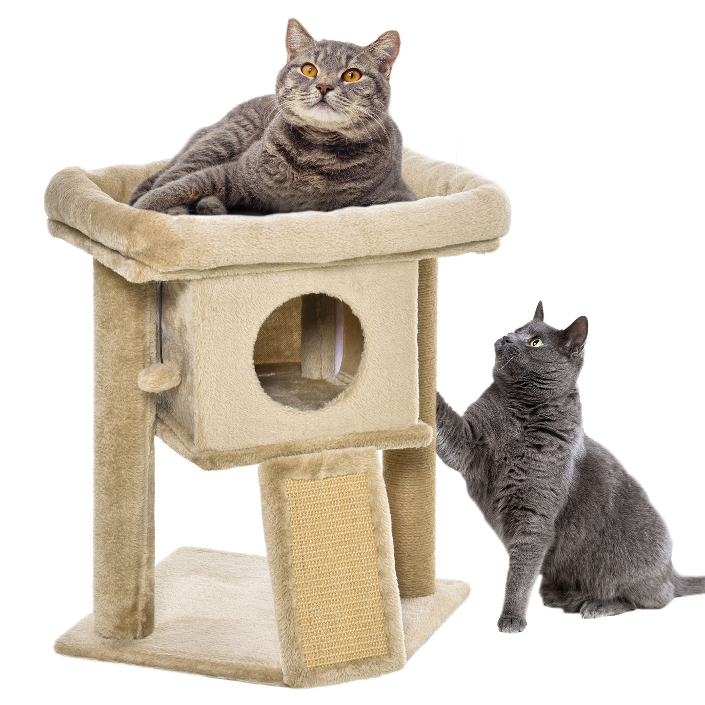 PawHut Árvore Arranhador para Gatos Pequenos Altura 57 cm Arranhador para Gatos com Poste de Juta Rampa Caverna e Bola Suspensa 40x40x57 cm Areia