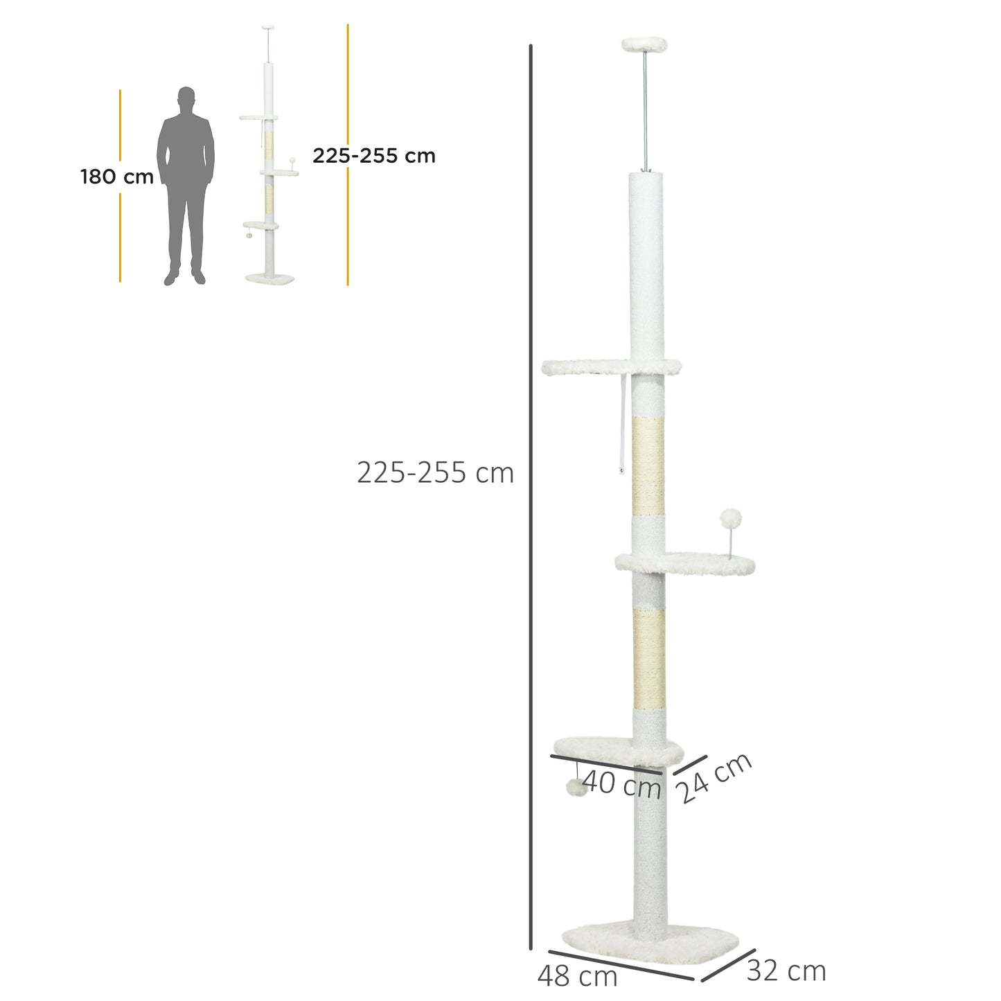 PawHut Arranhador para Gatos de 255 cm Torre para Gatos do Chão ao Teto com Altura Ajustável 3 Plataformas em Forma de Nuvem Poste de Arranhar e Bolas Suspensas 48x32x225-255 cm Branco