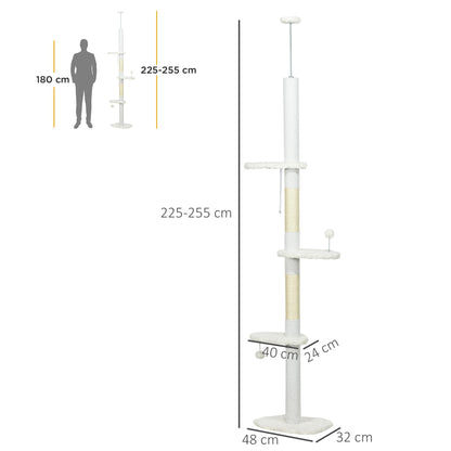 PawHut Arranhador para Gatos de 255 cm Torre para Gatos do Chão ao Teto com Altura Ajustável 3 Plataformas em Forma de Nuvem Poste de Arranhar e Bolas Suspensas 48x32x225-255 cm Branco