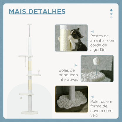 PawHut Arranhador para Gatos de 255 cm Torre para Gatos do Chão ao Teto com Altura Ajustável 3 Plataformas em Forma de Nuvem Poste de Arranhar e Bolas Suspensas 48x32x225-255 cm Branco