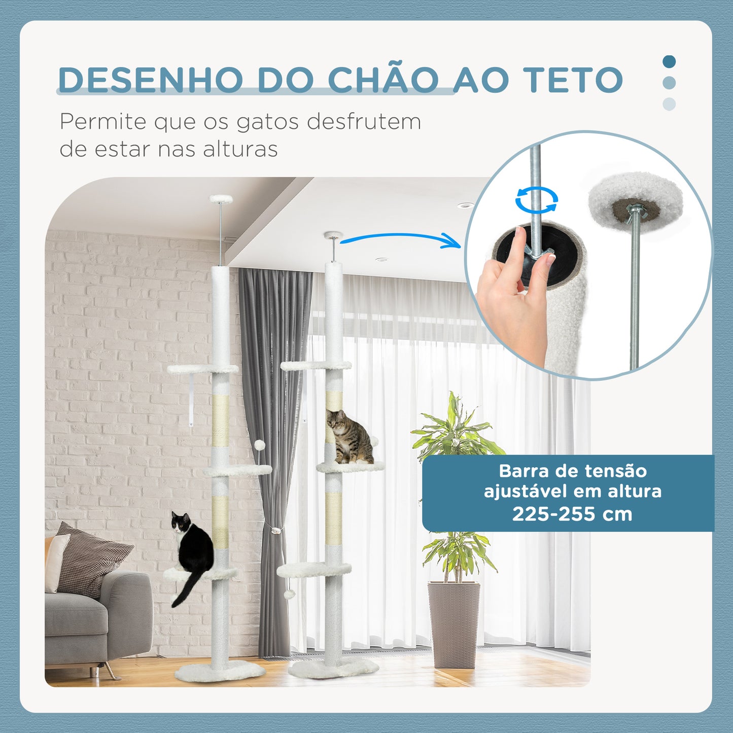 PawHut Arranhador para Gatos de 255 cm Torre para Gatos do Chão ao Teto com Altura Ajustável 3 Plataformas em Forma de Nuvem Poste de Arranhar e Bolas Suspensas 48x32x225-255 cm Branco