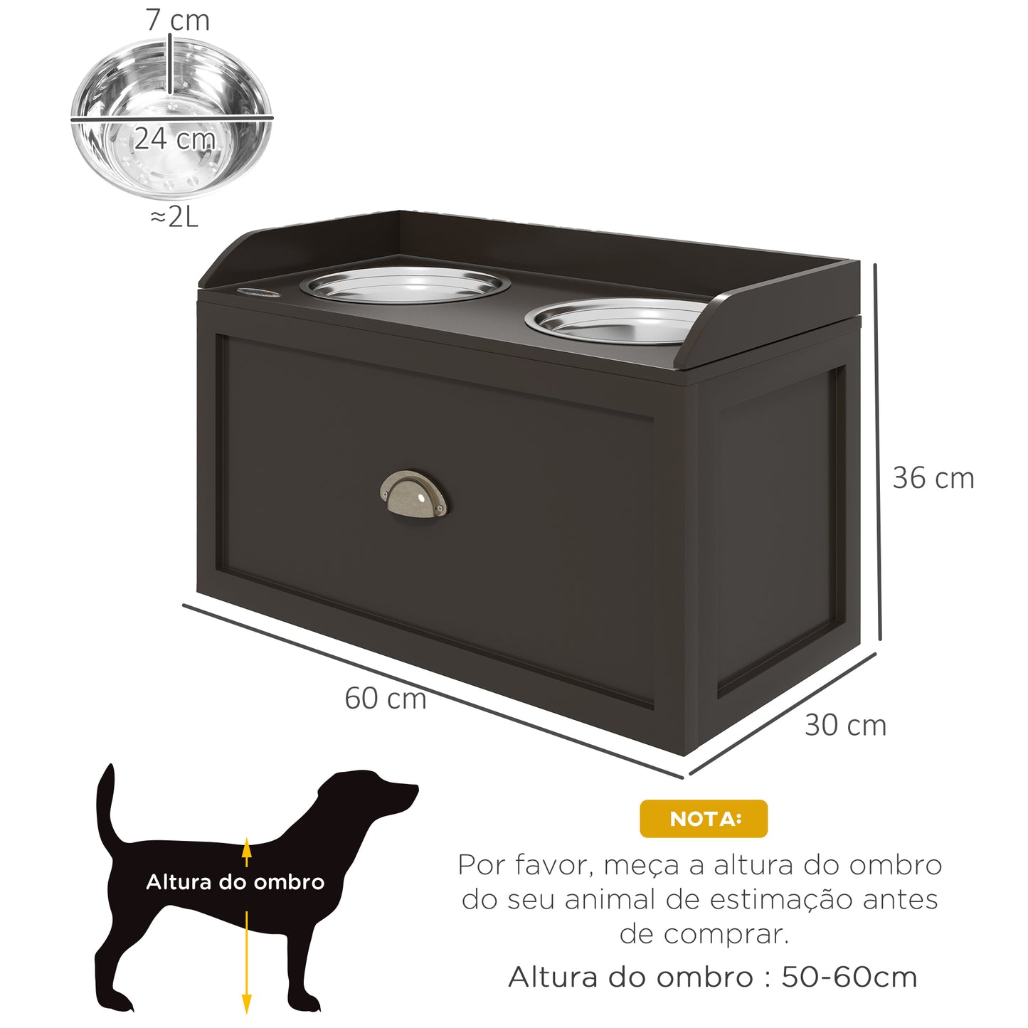 PawHut Comedouro Elevado para Cães Comedouro para Cães com 2 Tigelas 2000ml de Aço Inoxidável Gaveta Oculta com Suporte de Madeira para Animais de Estimação 60x30x36cm Marrom Escuro