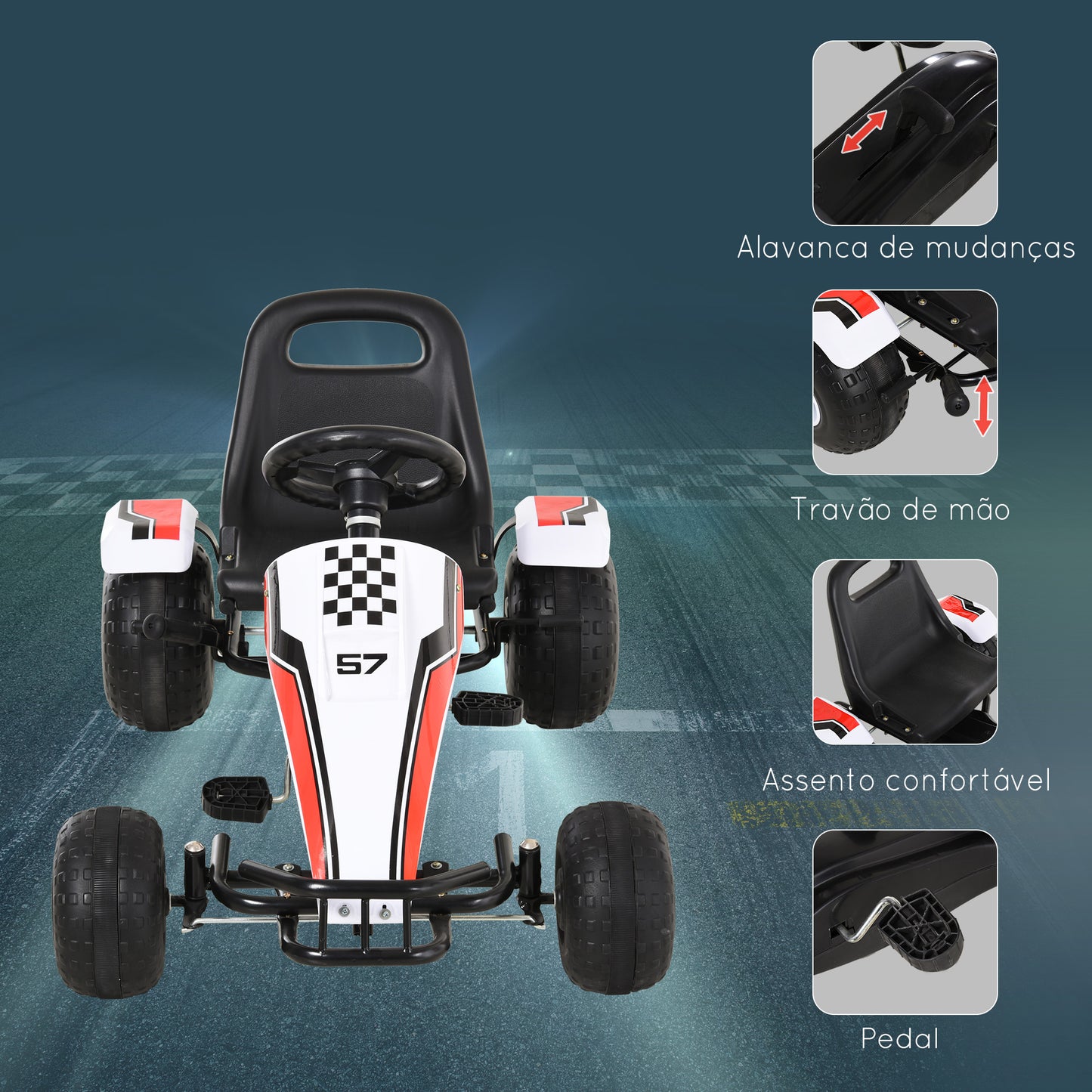 HOMCOM Go Kart a Pedais para Crianças acima de 3 Anos Carro de Pedais Infantil com Assento Ajustável e Freio de Mão 104x66x57cm Branco e Preto