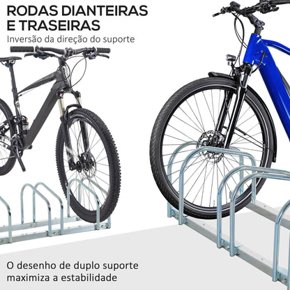 HOMCOM Estacionamento para 4 Bicicletas Suporte de Aço para Estacionar Bicicletas no Chão para Interior e Exterior 110x33x27 cm Prata