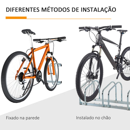 HOMCOM Estacionamento para 4 Bicicletas Suporte de Aço para Estacionar Bicicletas no Chão para Interior e Exterior 110x33x27 cm Prata