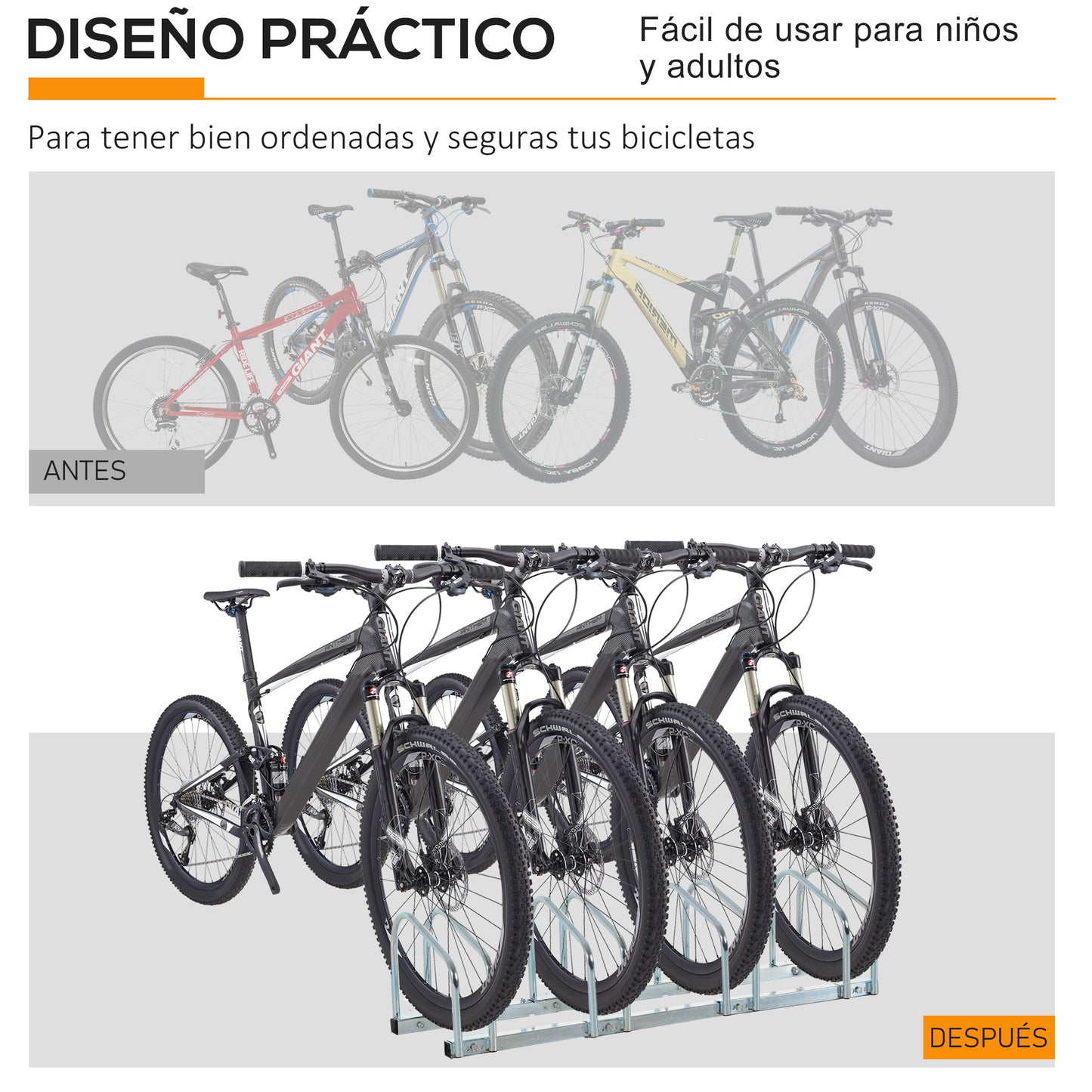 HOMCOM Estacionamento para 4 Bicicletas Suporte de Aço para Estacionar Bicicletas no Chão para Interior e Exterior 110x33x27 cm Prata