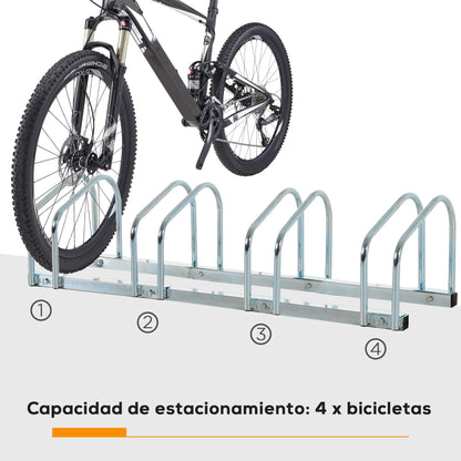 HOMCOM Estacionamento para 4 Bicicletas Suporte de Aço para Estacionar Bicicletas no Chão para Interior e Exterior 110x33x27 cm Prata