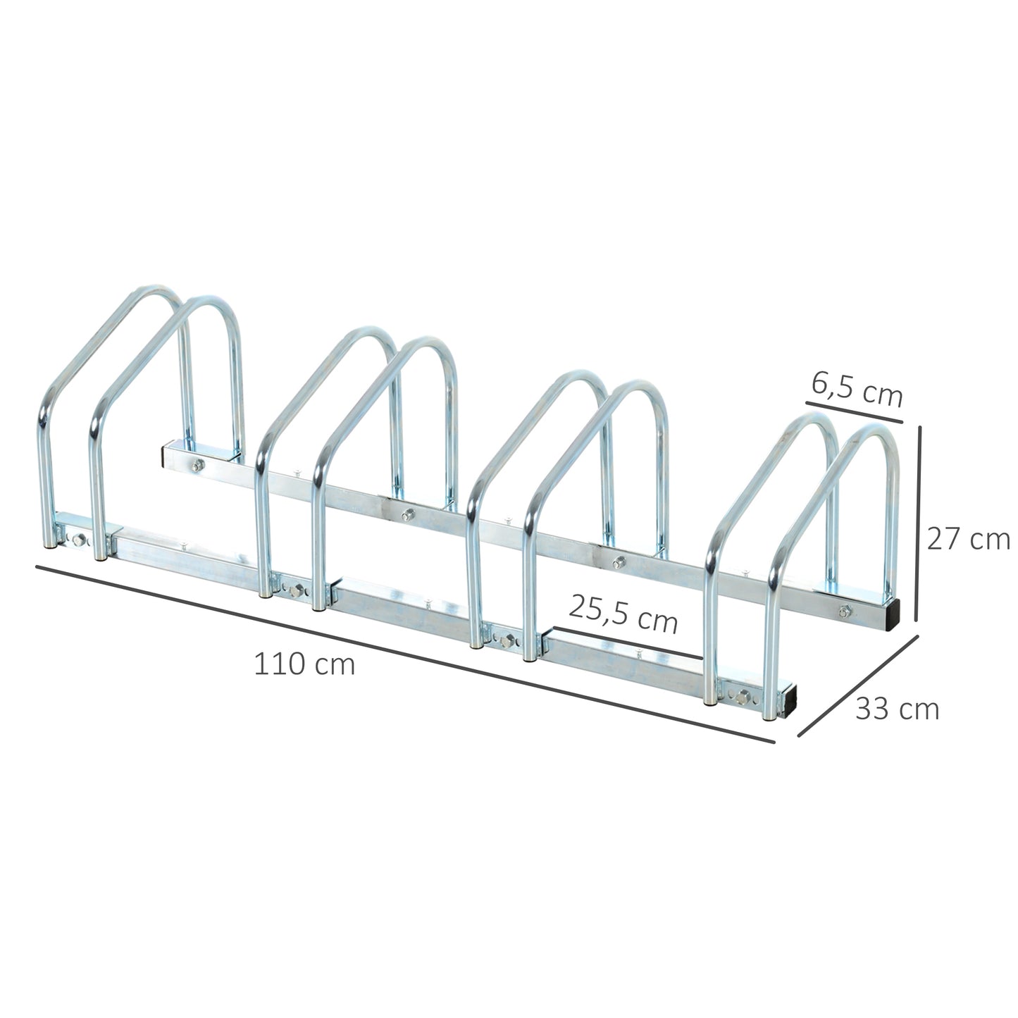 HOMCOM Estacionamento para 4 Bicicletas Suporte de Aço para Estacionar Bicicletas no Chão para Interior e Exterior 110x33x27 cm Prata