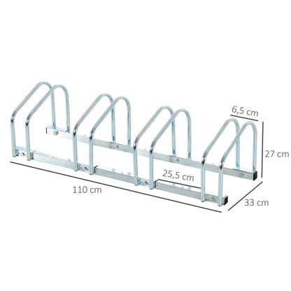 HOMCOM Estacionamento para 4 Bicicletas Suporte de Aço para Estacionar Bicicletas no Chão para Interior e Exterior 110x33x27 cm Prata