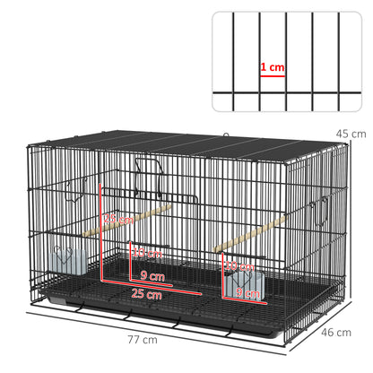 PawHut Gaiola para Pássaros 77x46x45 cm Gaiola de Metal para Pássaros com Bandeja Amovível 2 Poleiros e 2 Comedouros para Periquitos Canários Preto