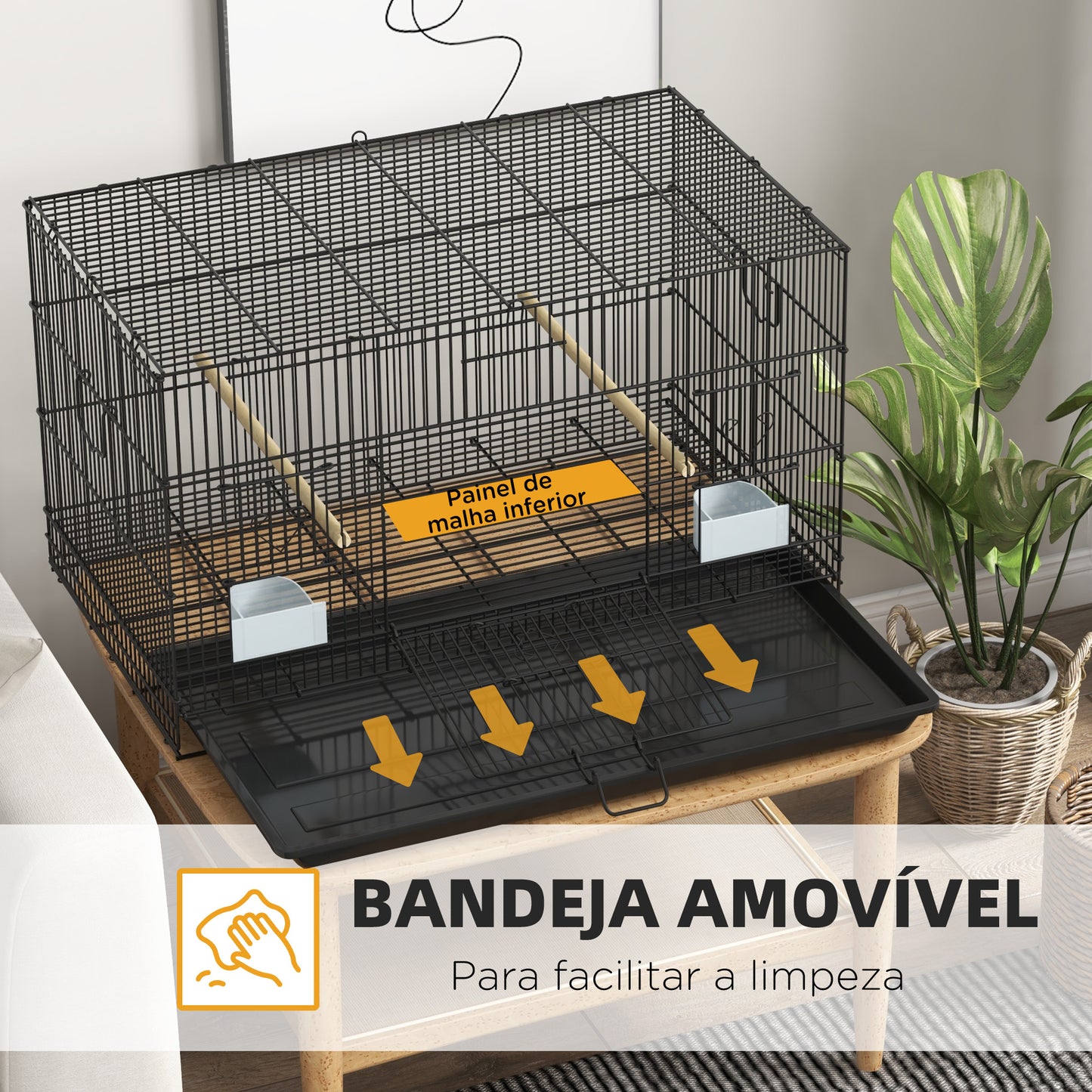 PawHut Gaiola para Pássaros 77x46x45 cm Gaiola de Metal para Pássaros com Bandeja Amovível 2 Poleiros e 2 Comedouros para Periquitos Canários Preto